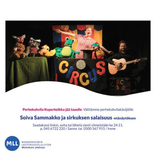 MLL:n Perhekahvila Kuperkeikka välittää Soiva Sammakko ja sirkuksen salaisuus -etänäytöksen
