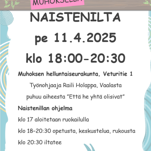 Naistenilta pe 11.4.2025 klo 18:00 – 20:30, ruokailu klo 17 alk.